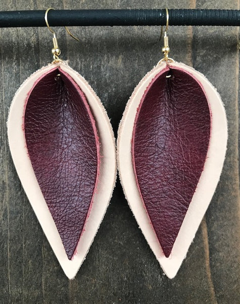 NATURAL AND MAROON DOUBLE LEAF EARRINGS