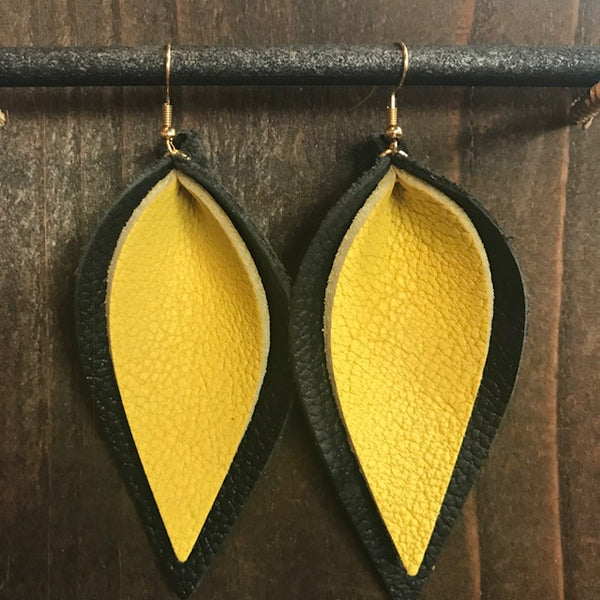 BLACK AND YELLOW DOUBLE LEAF EARRINGS