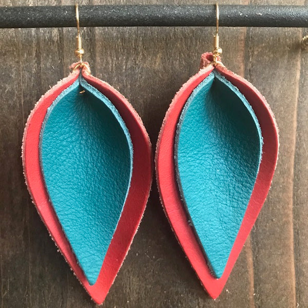 RED AND TEAL DOUBLE LEAF EARRINGS